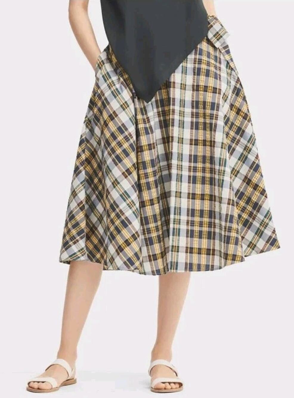 J.W. ANDERSON Uniqlo Plaid Tartan High-Waist Flare Skirt Size 2 Yellow/Navy